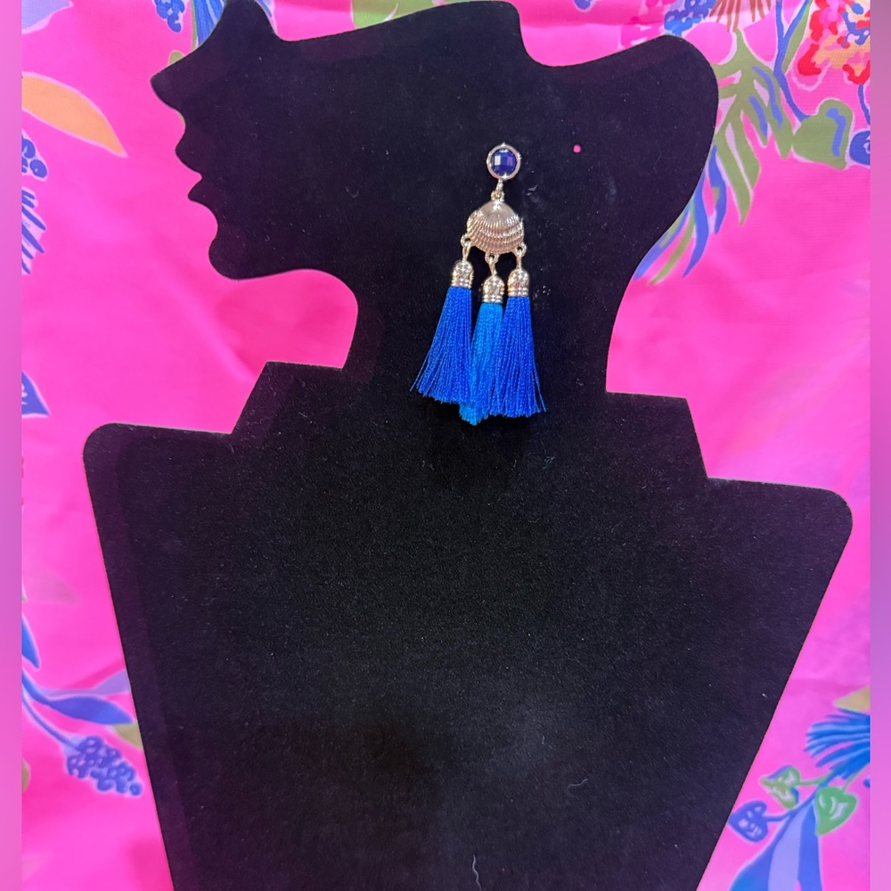 Lilly Pulitzer Seaside Capri Blue Tassel Seashell Statement Earrings